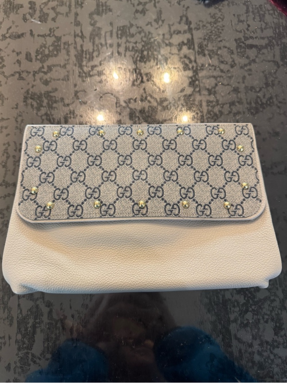 Upcycled Gucci White and Blue GG Monogram Studded Wristlet Clutch